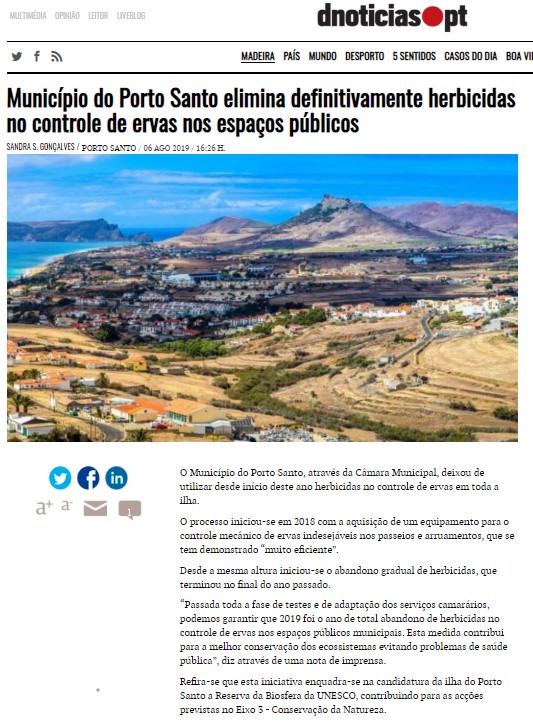Município do Porto Santo elimina definitivamente herbicidas no controle de ervas nos espaços públicos. 06/08/2019 (DN)